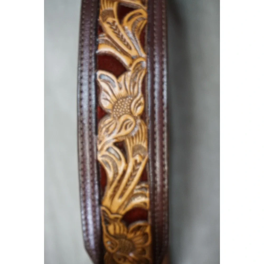 Vintage Yoakum Texas Tooled Custom Floral Leather Belt Brown Tan Western Cowboy